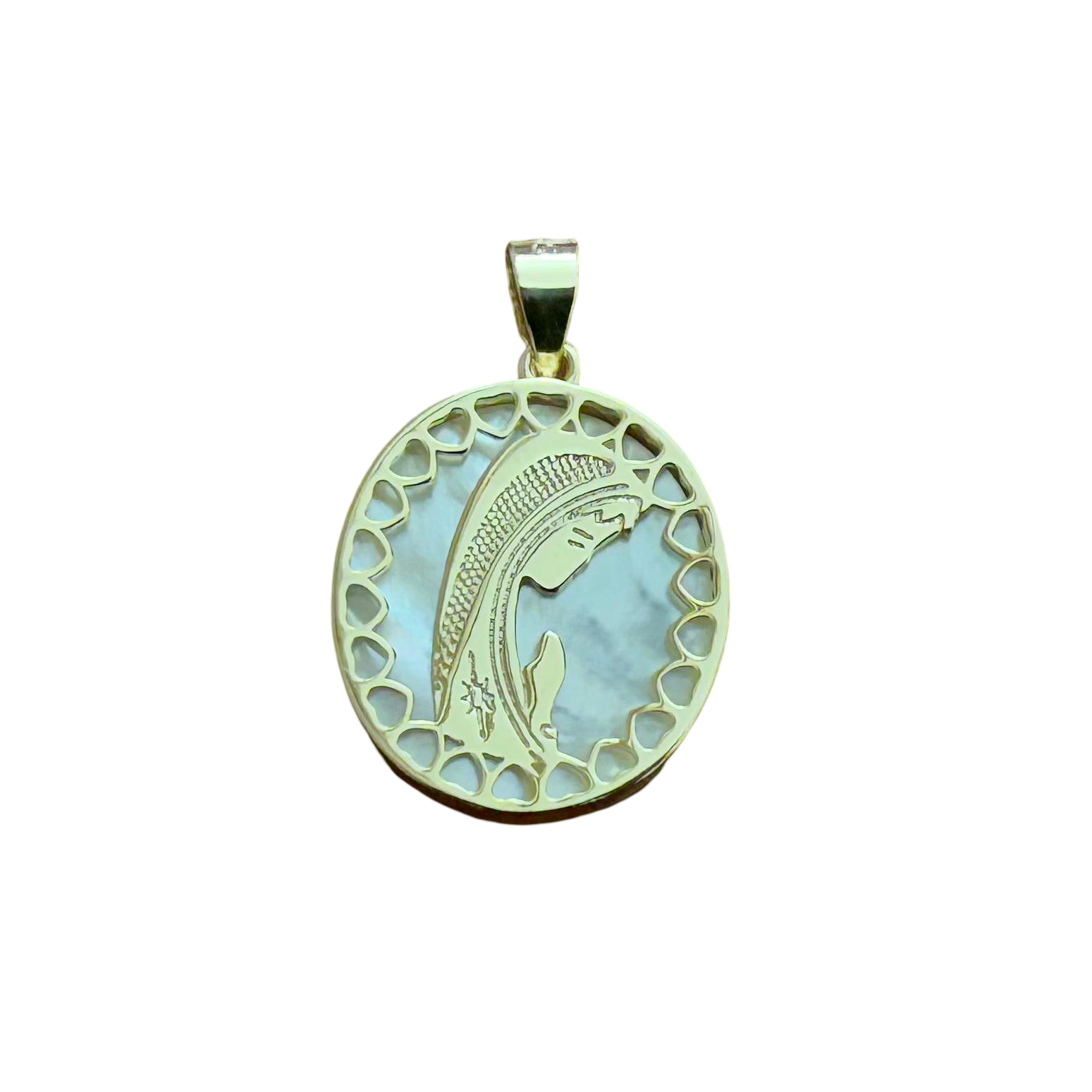 Medalla ovalada de la Virgen Niña en Plata dorada y Nácar