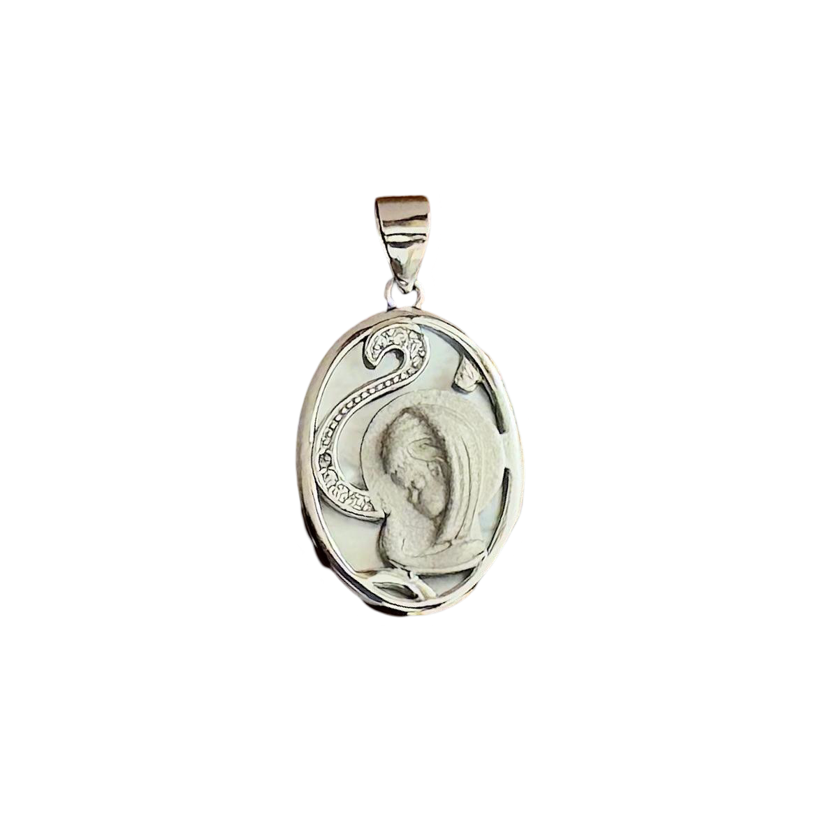 Medalla Virgen Niña de Plata de ley brillo y matizada con Nácar y Circonitas