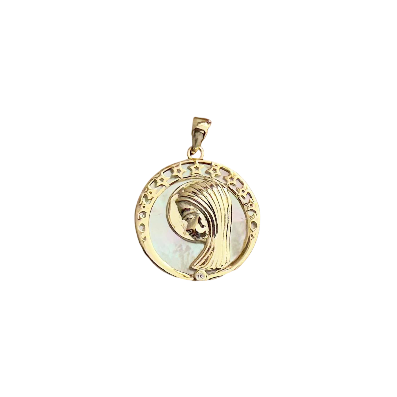 Medalla estrellas Virgen Niña de Plata de ley chapada en Oro con Nácar 20mm
