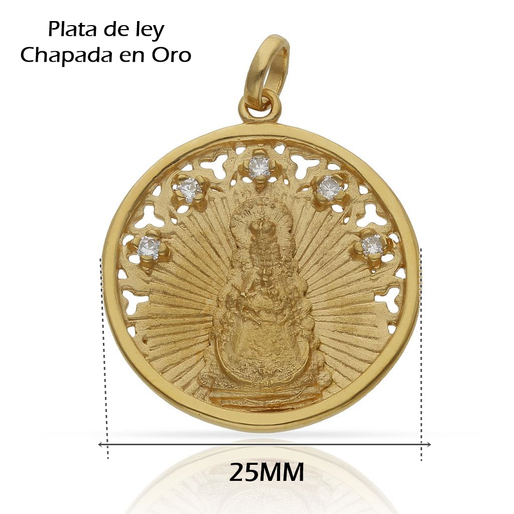 Medalla Virgen del Rocío 25mm de Plata de ley bañada en Oro con Circonitas