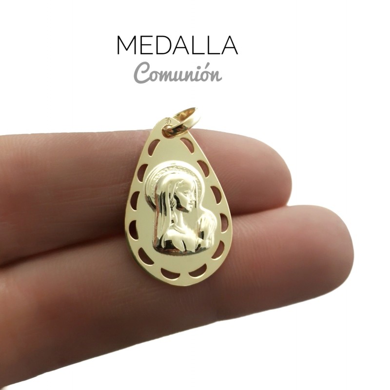 Medalla de Comunión Virgen Niña de Plata de ley chapada_1