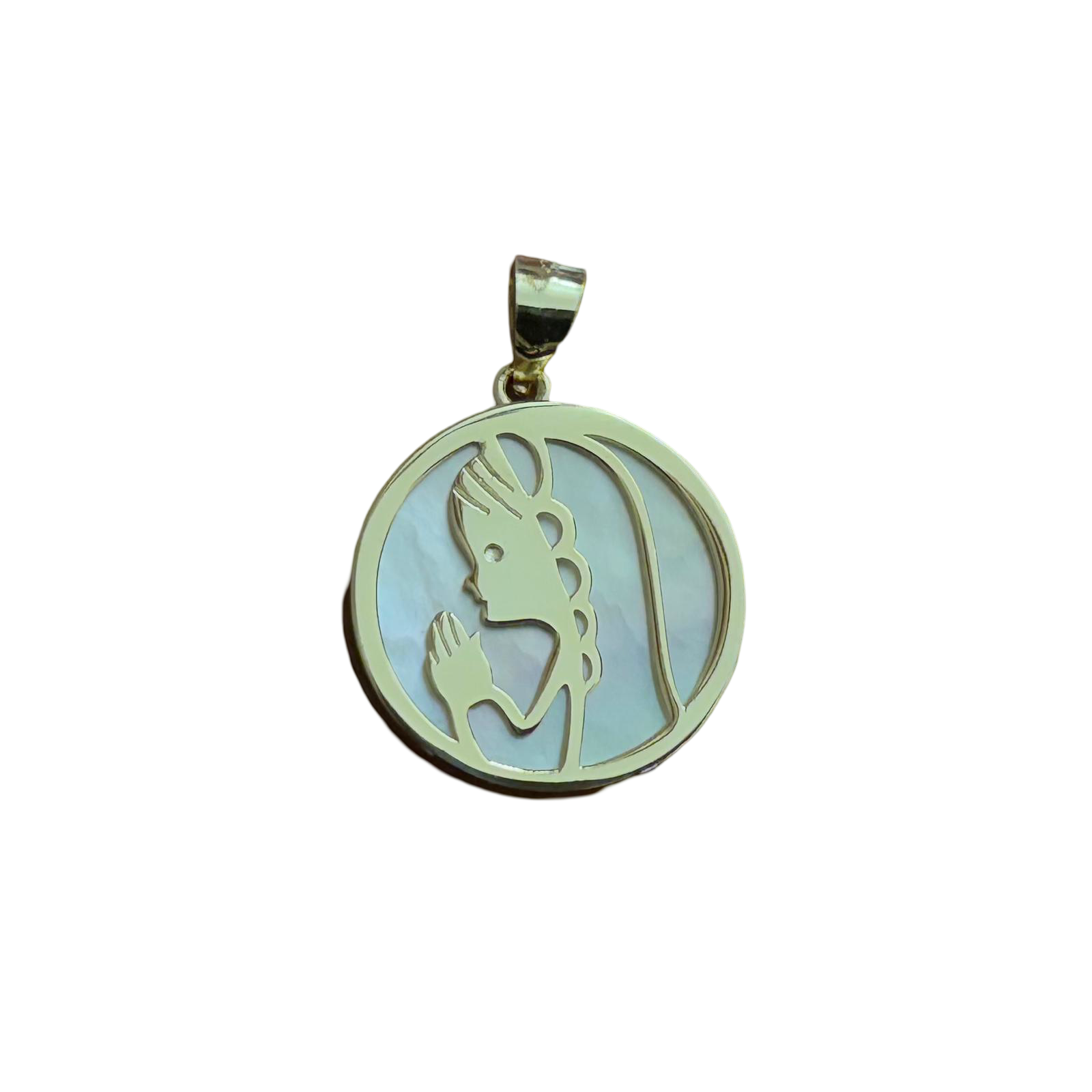 Medalla Primera Comunión Virgen Niña de Plata de ley bañada en Oro con Nácar 20mm