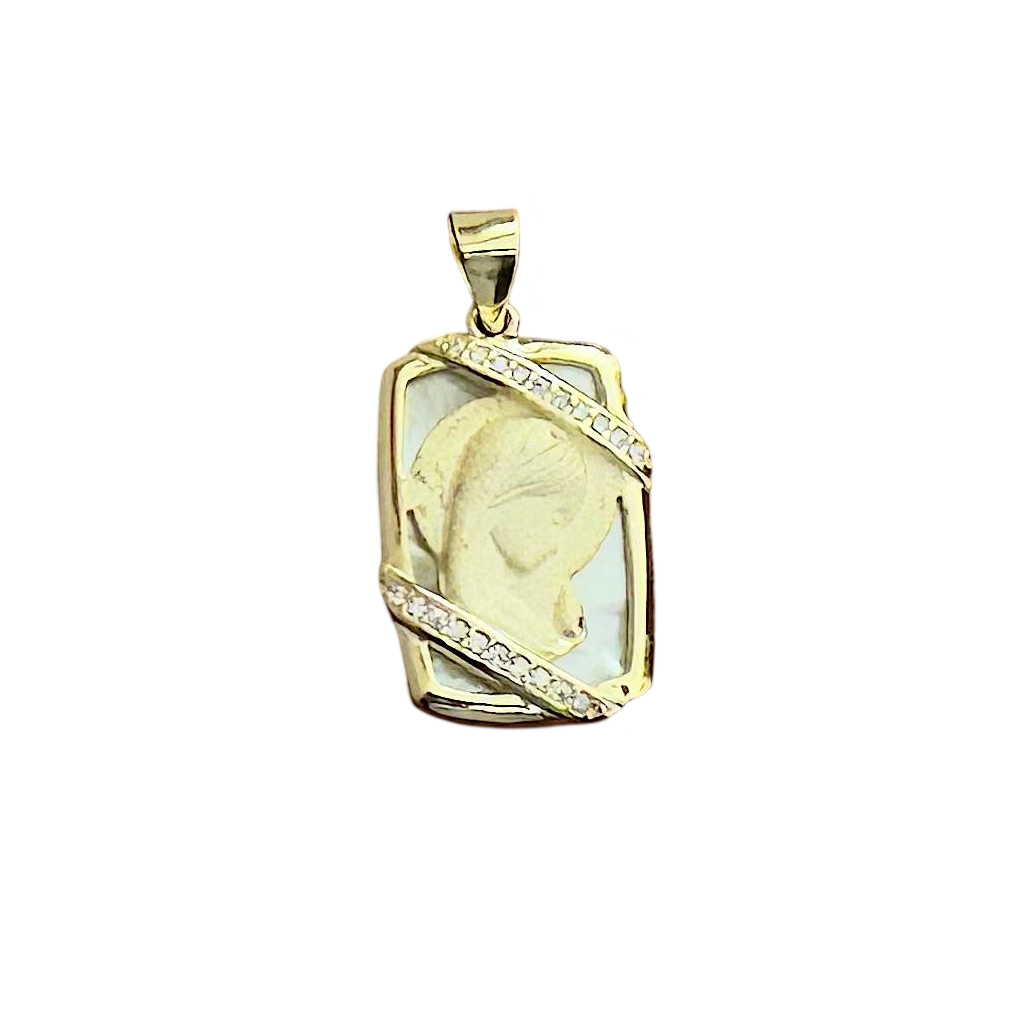 Medalla Virgen Niña de Plata dorada matizada con Nácar y Circonitas