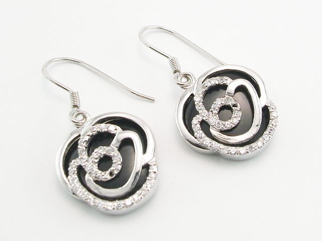 Pendientes de Plata de Ley rodiada Flor Ónix y Circonitas