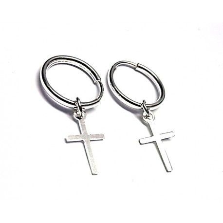 Pendientes unisex de aro con cruz colgante de Plata 11 Mm.