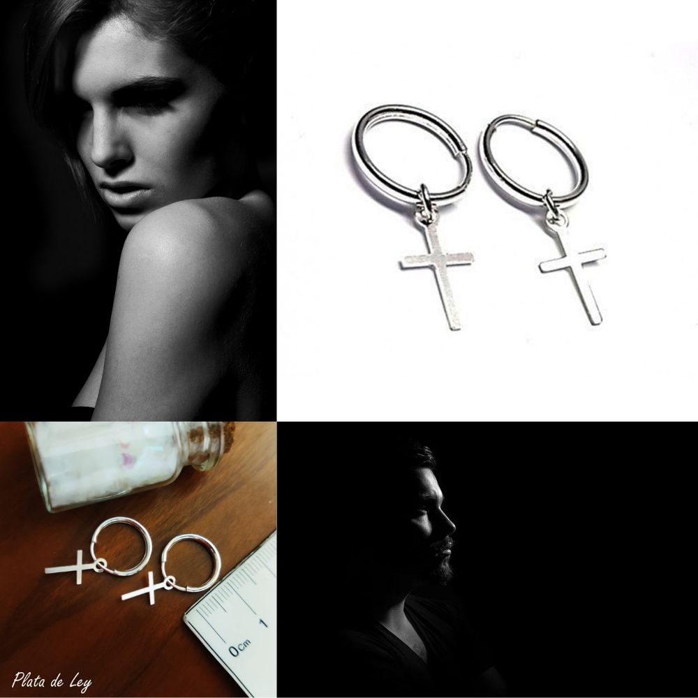 Pendientes unisex de aro con cruz colgante de Plata 11 Mm. 4