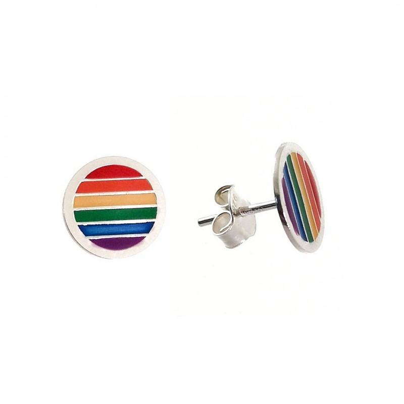 Pendientes redondos bandera del orgullo de Plata de ley