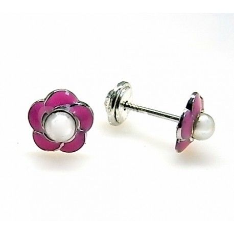 Pendientes de bebé flor rosa de Plata con Perla