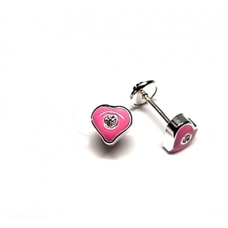 Pendientes corazon rosa de Plata y circonitas para bebés