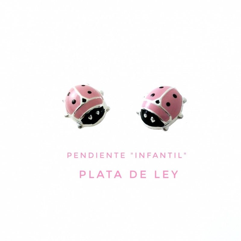 Pendientes mariquita esmalte rosa en Plata de ley para niñas