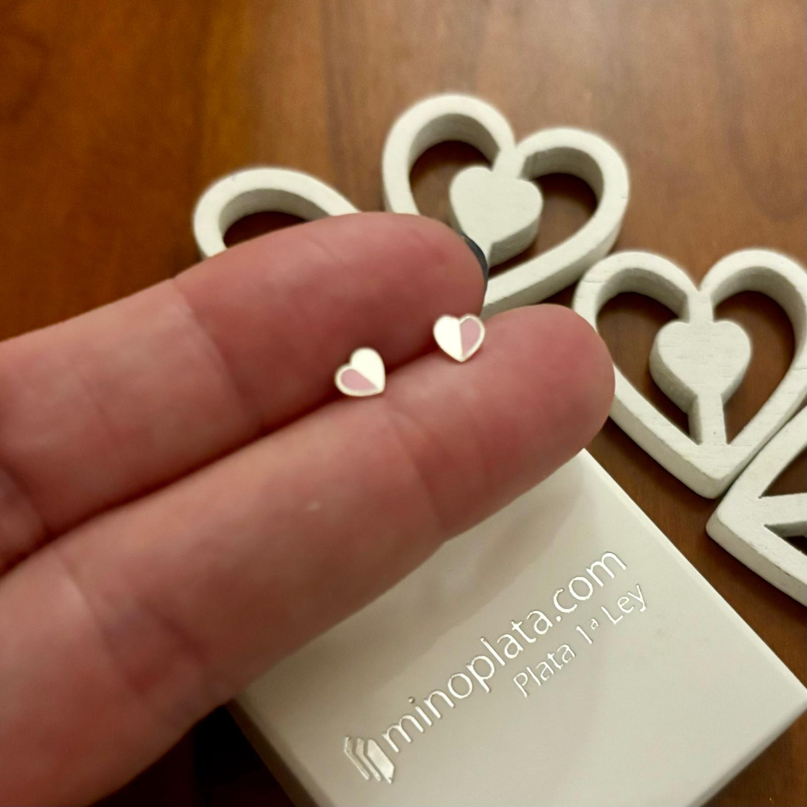 Pendientes de niña corazón de Plata de ley blanco y rosa con cierre rosca de seguridad