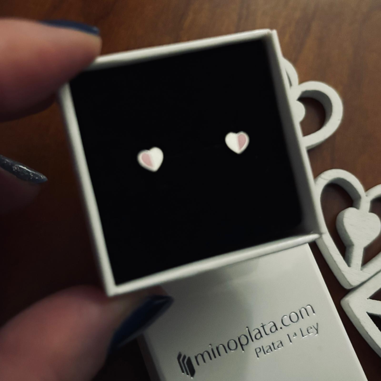 Pendientes de niña corazón de Plata de ley blanco y rosa con cierre rosca de seguridad 3