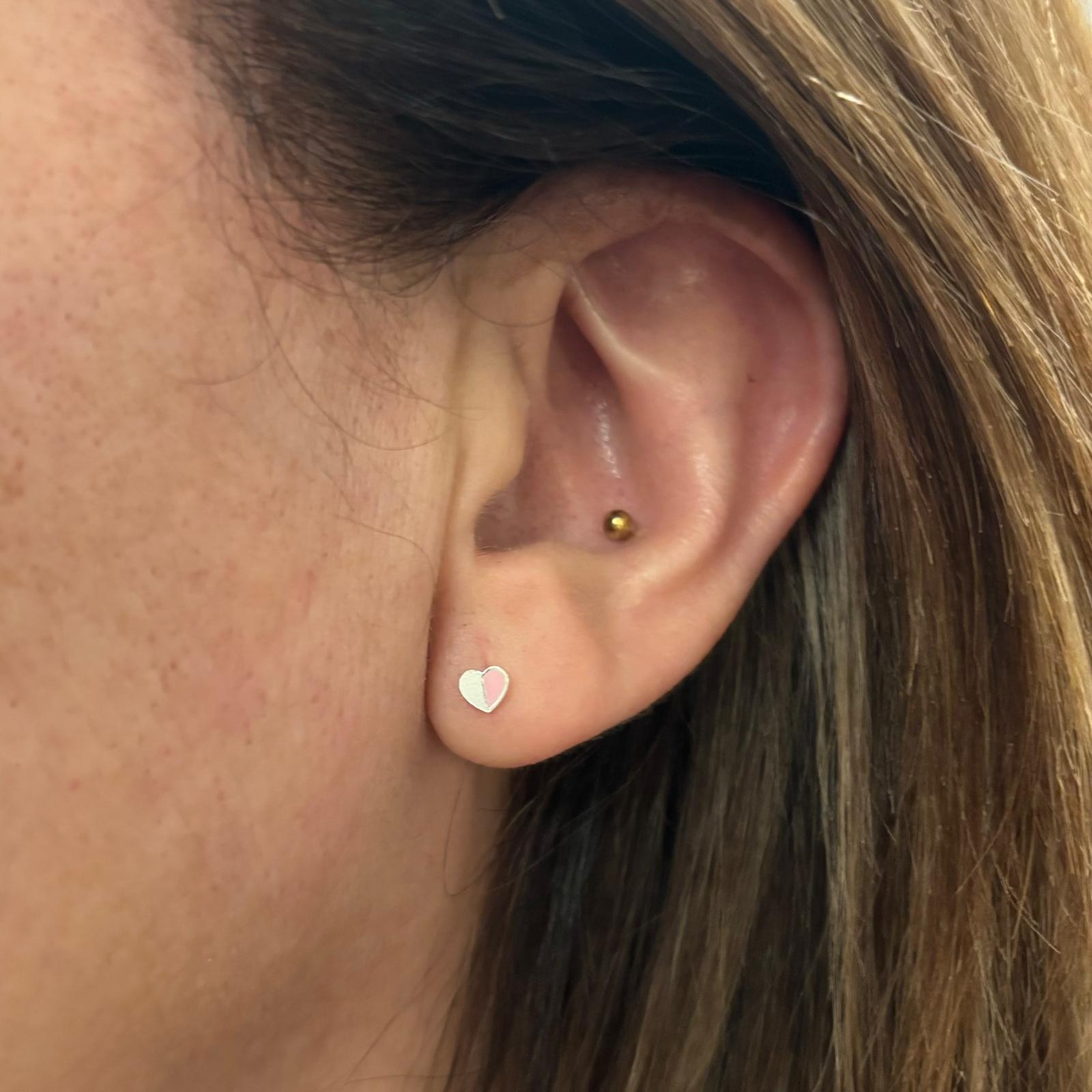 Pendientes de niña corazón de Plata de ley blanco y rosa con cierre rosca de seguridad 4