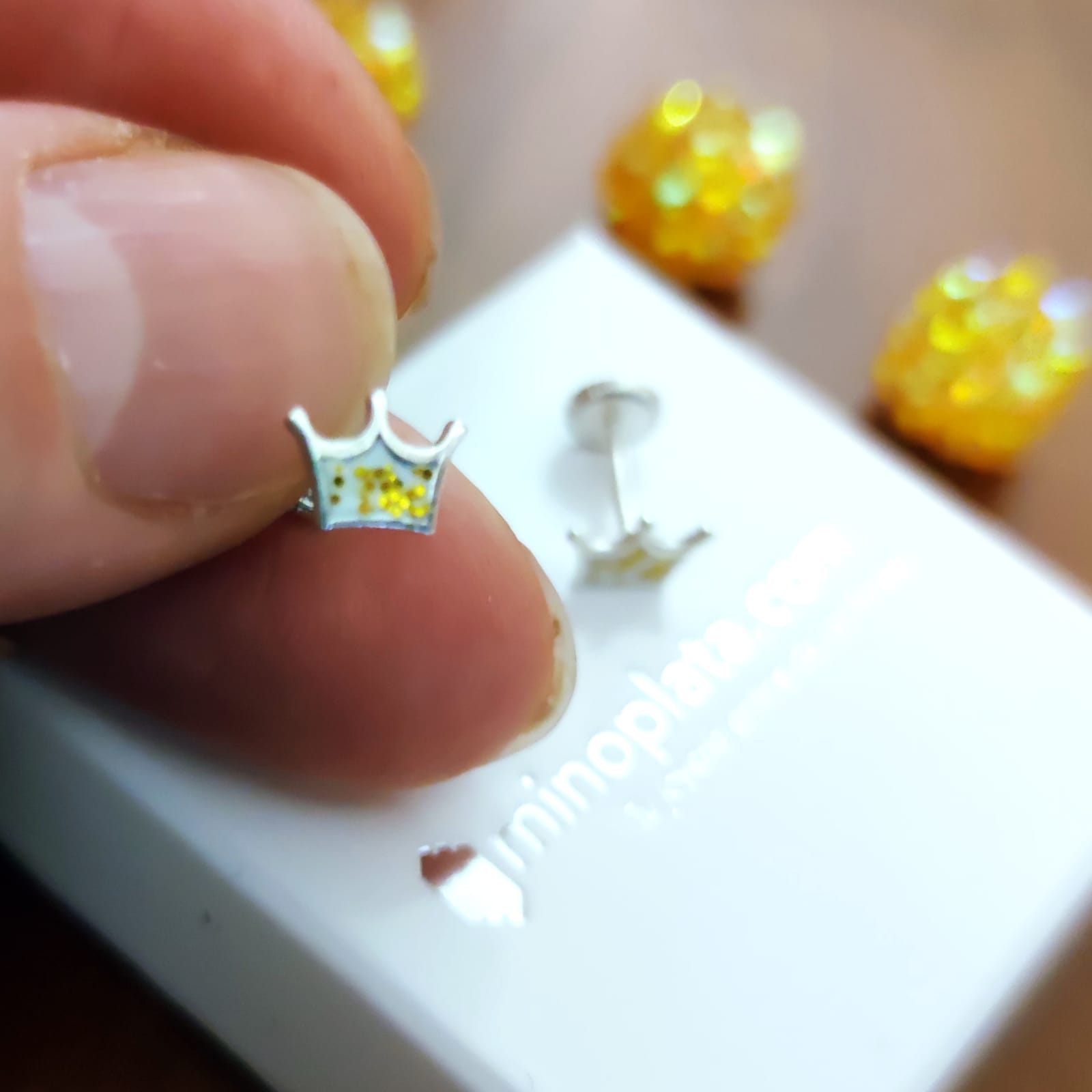 Pendientes corona purpurina dorada de Plata de ley para niñas 3