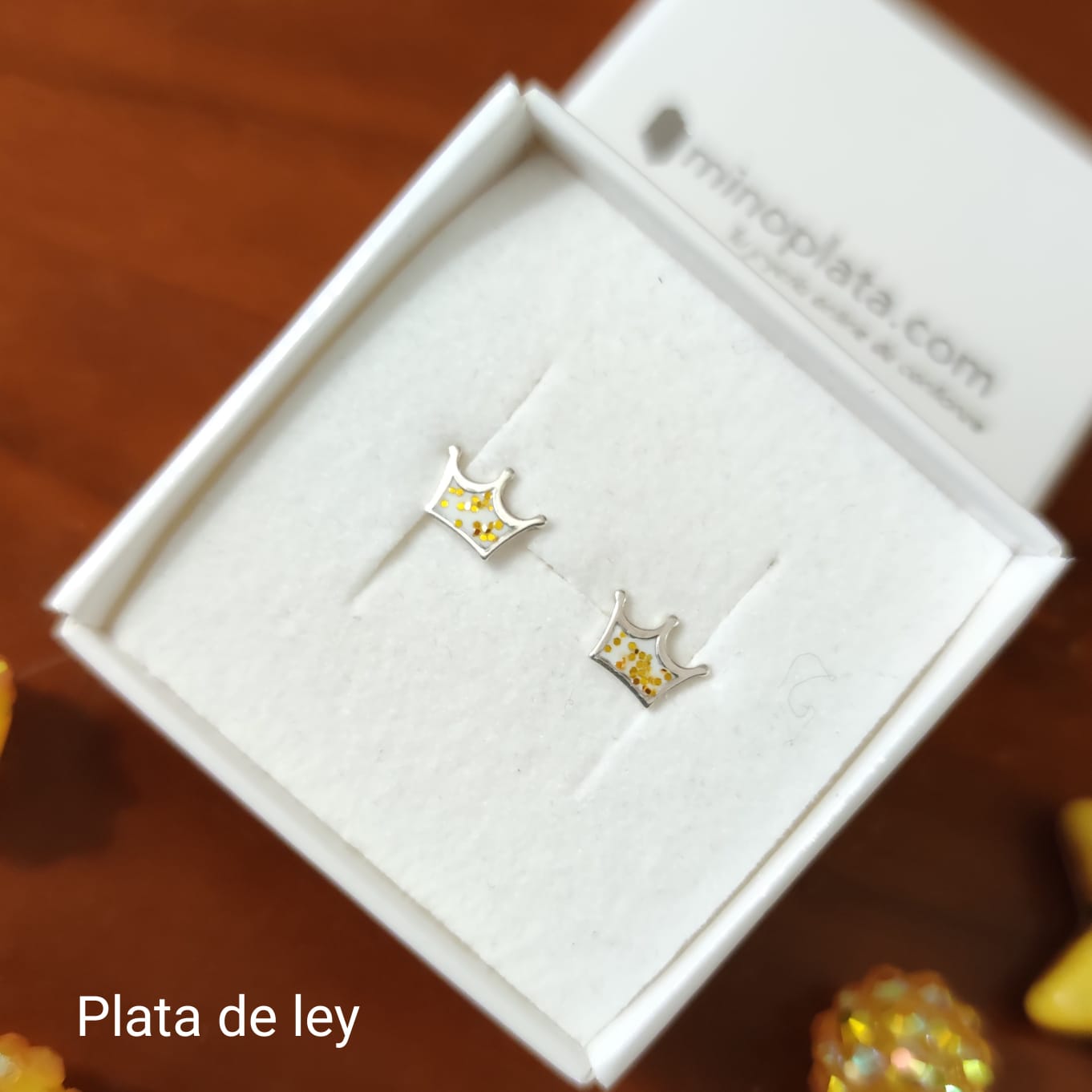 Pendientes corona purpurina dorada de Plata de ley para niñas 4