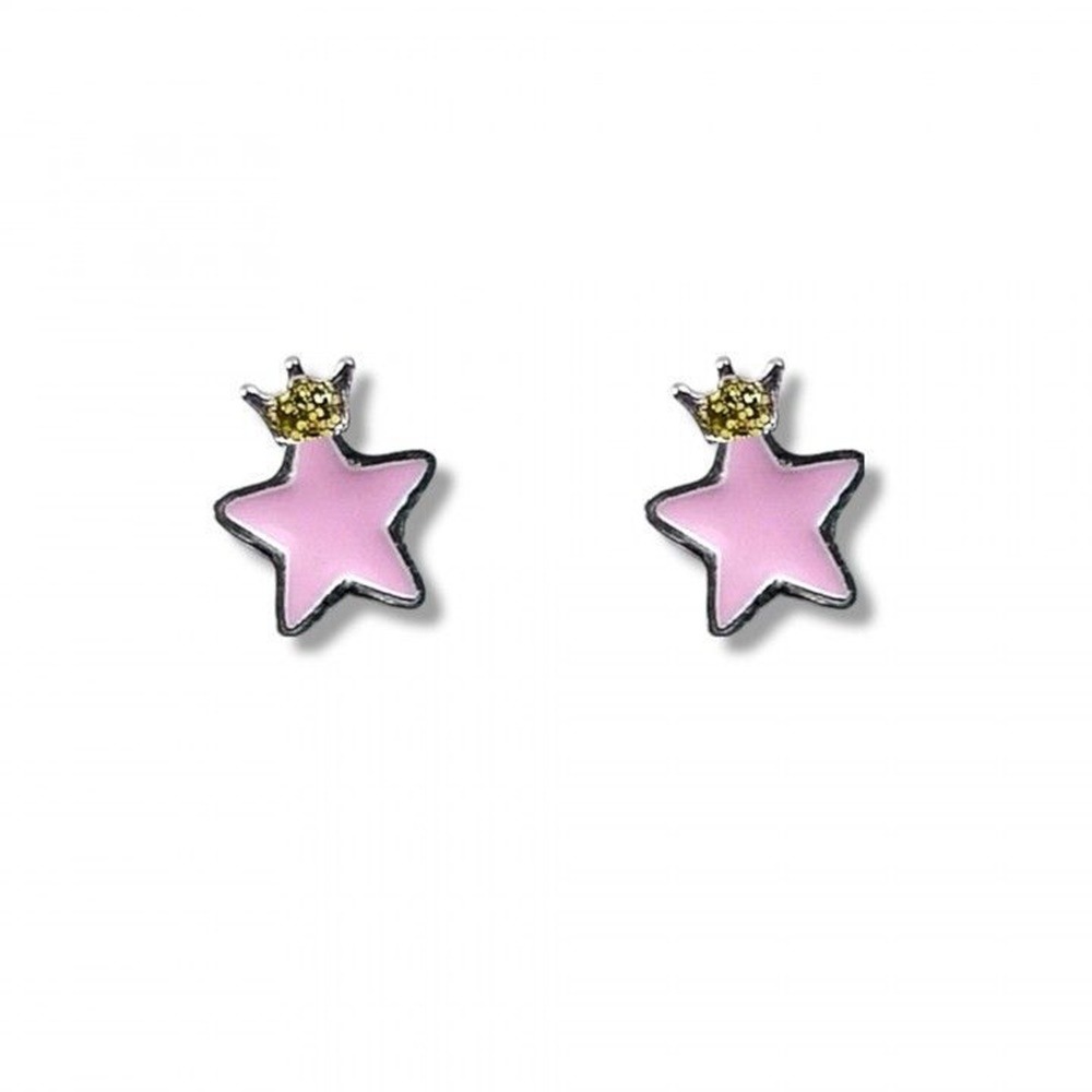 Pendientes estrella rosa con corona de Plata de ley para niñas