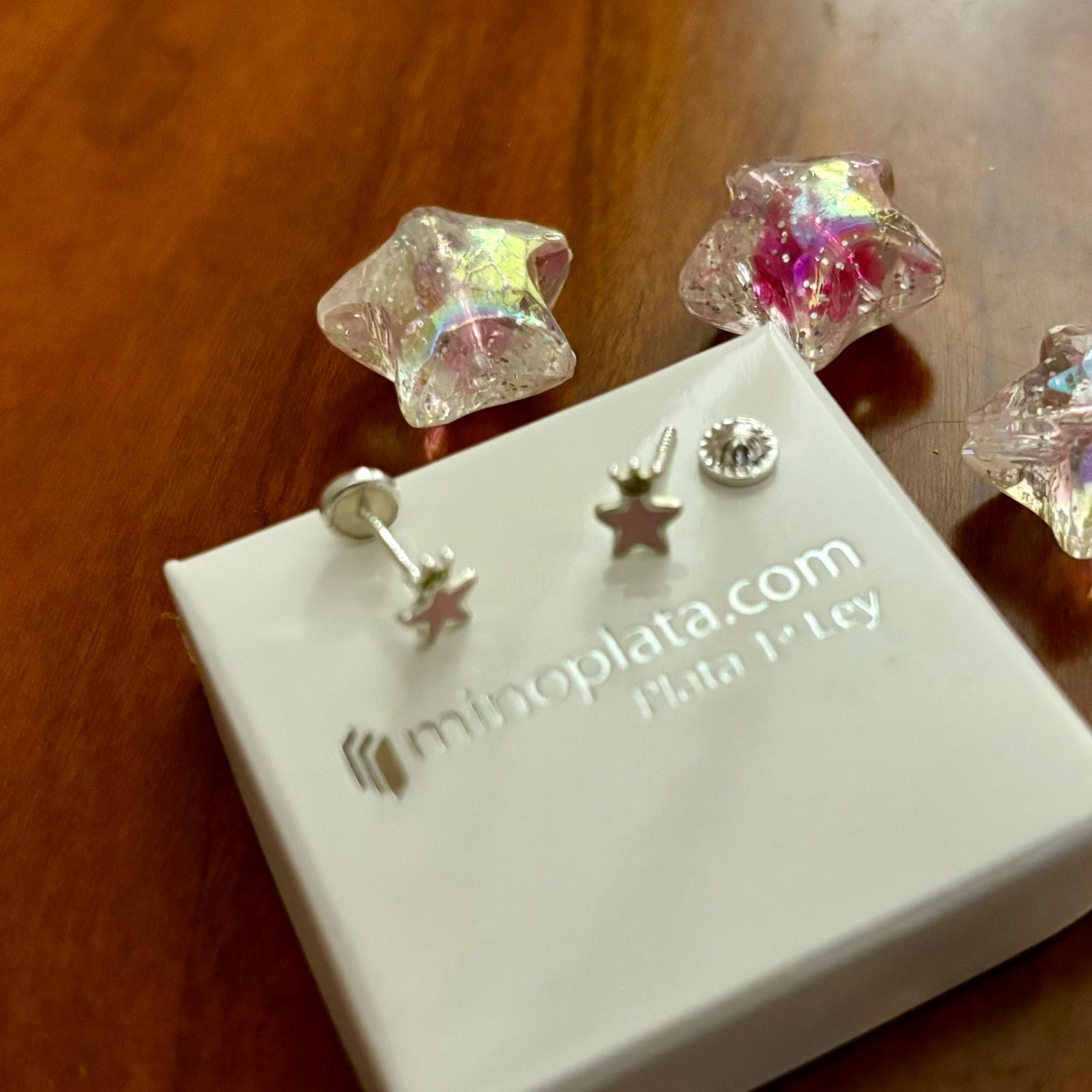 Pendientes estrella rosa con corona de Plata de ley para niñas 1