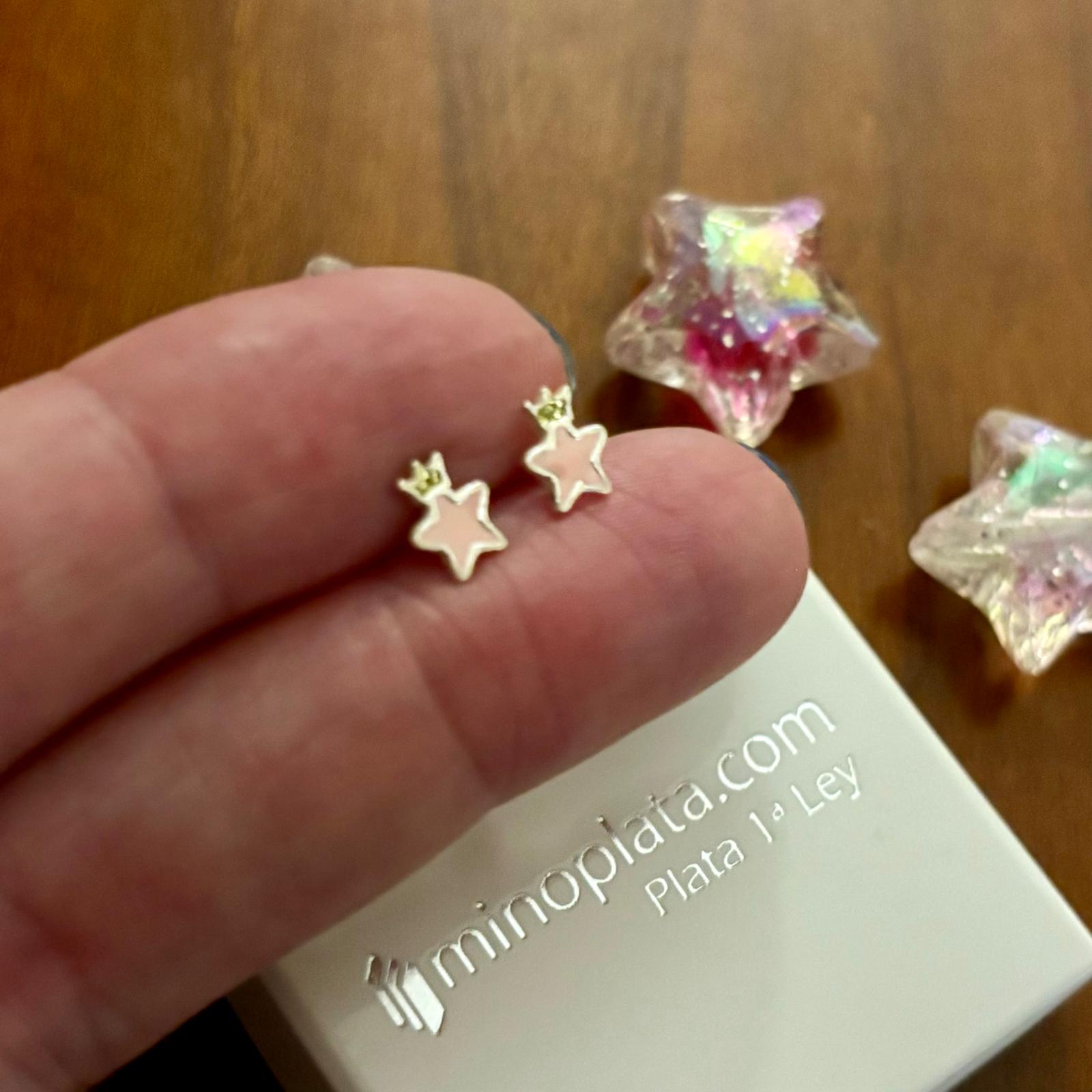 Pendientes estrella rosa con corona de Plata de ley para niñas 2