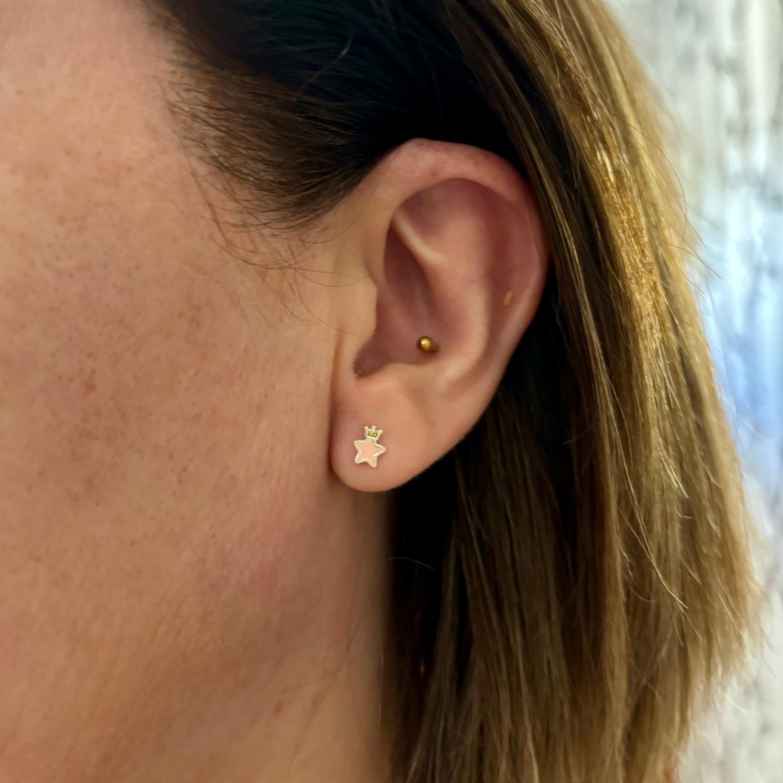 Pendientes estrella rosa con corona de Plata de ley para niñas 3
