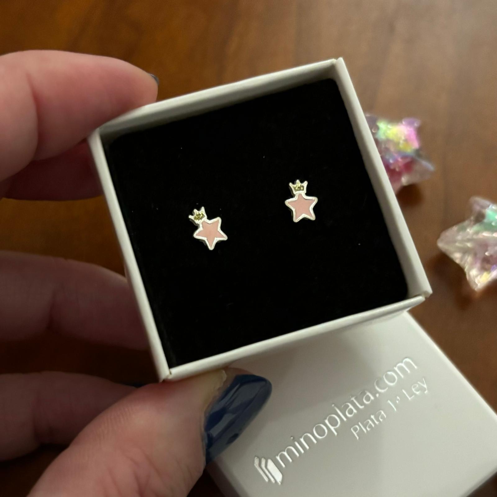 Pendientes estrella rosa con corona de Plata de ley para niñas 4