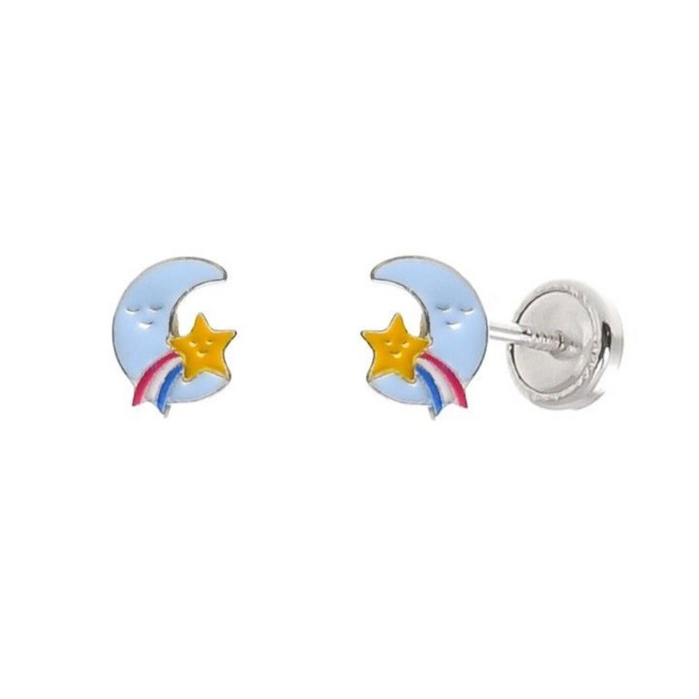 Pendientes infantiles luna y estrella de Plata con cierre rosca seguridad