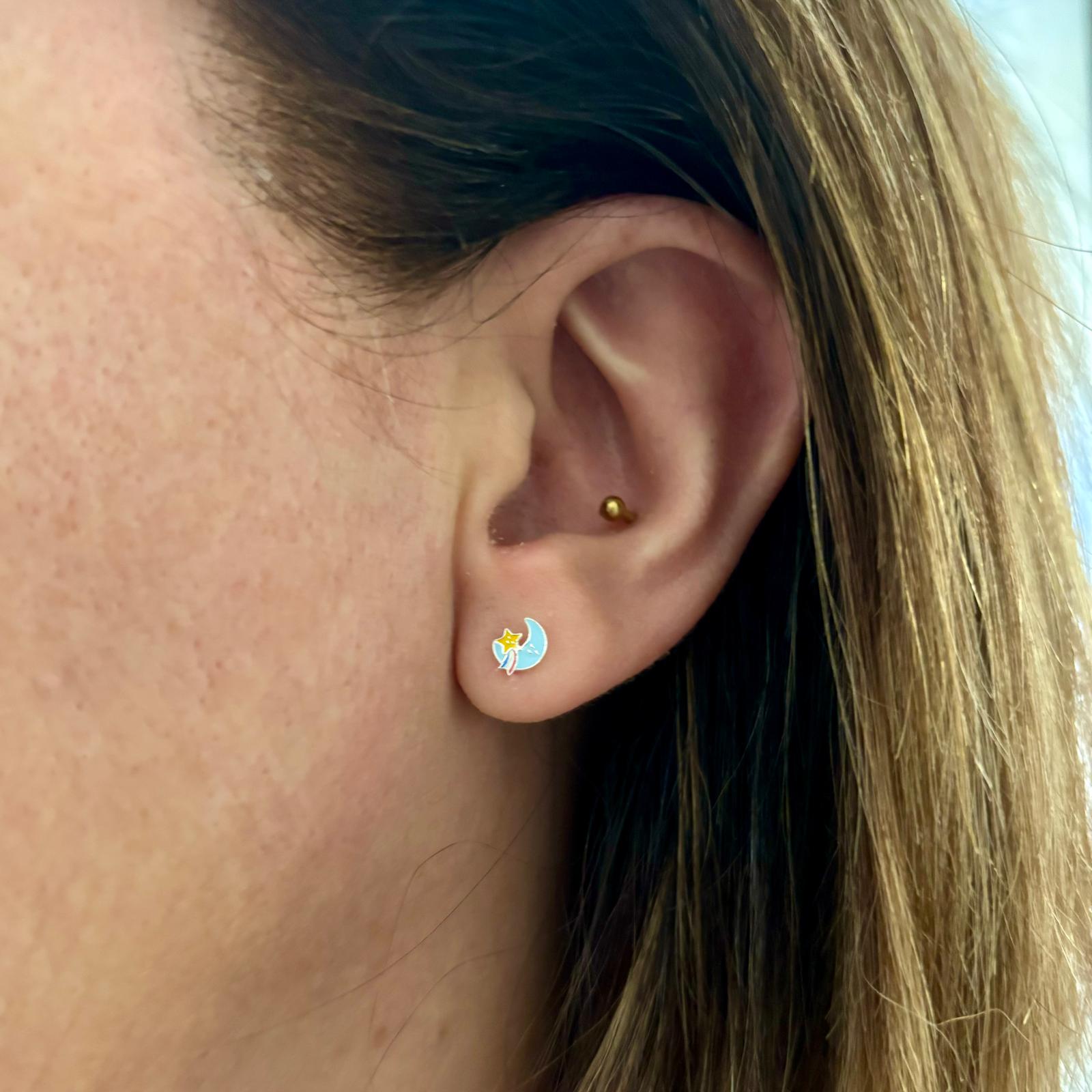 Pendientes infantiles luna y estrella de Plata con cierre rosca seguridad 3