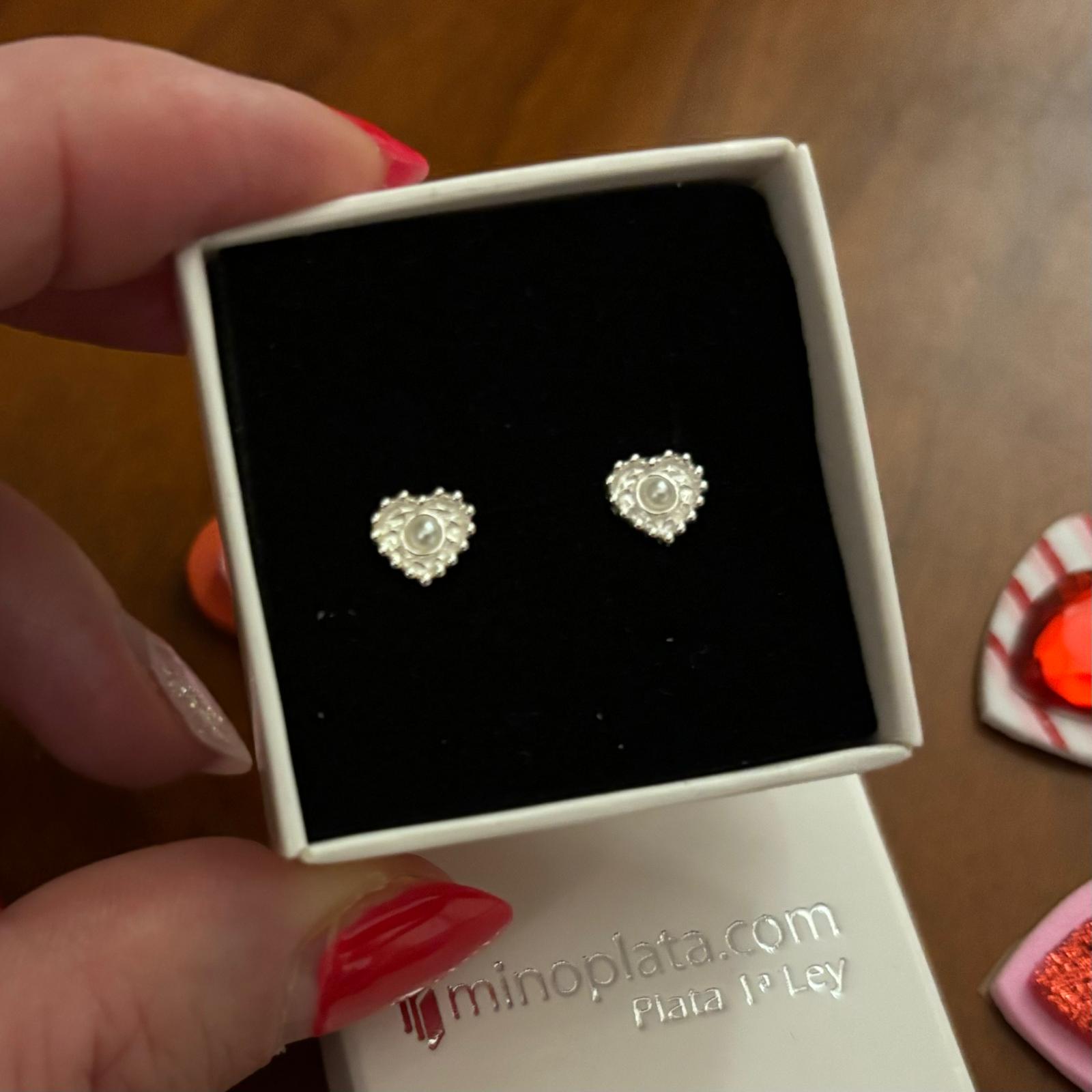 Pendientes infantiles corazón de Plata de ley 925 con Perla cierre rosca 3