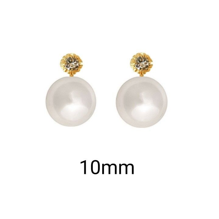 Pendientes japonesa de Plata dorada Perla y Circonita 10 Mm.