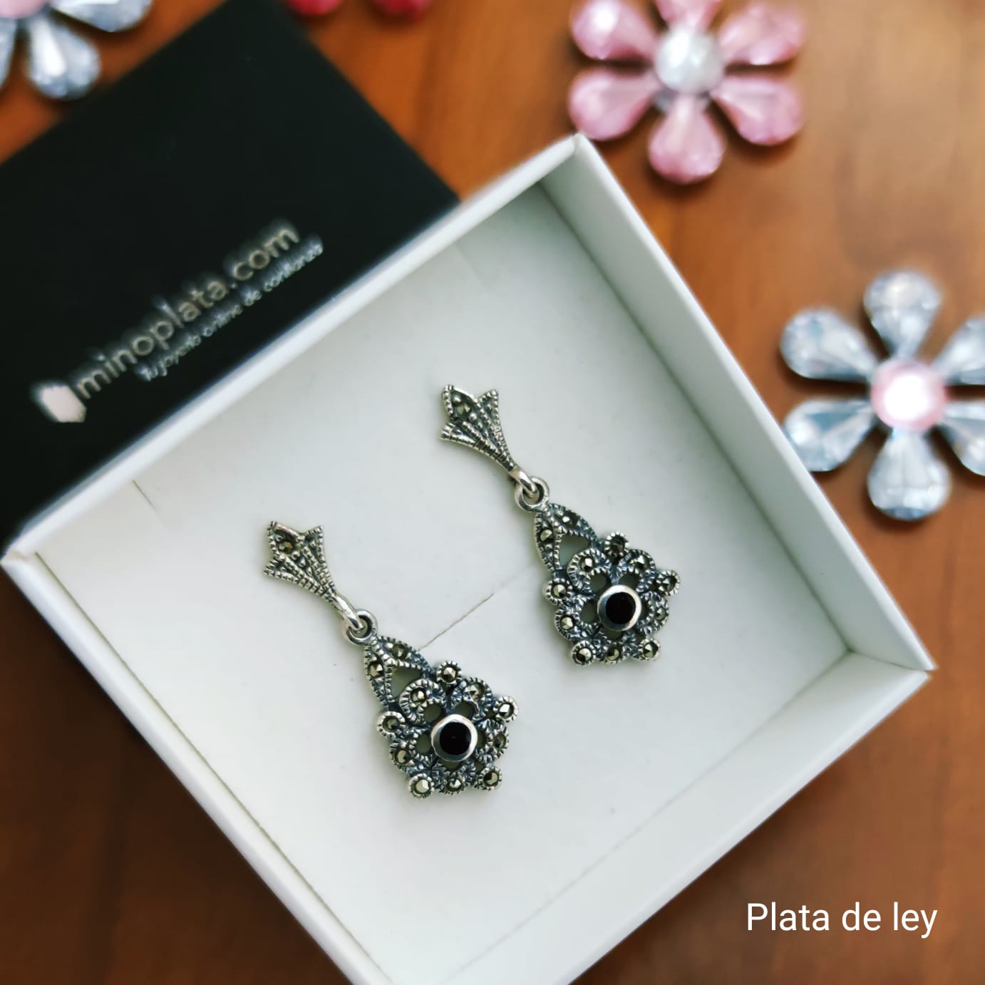 Pendientes Nácar negro y Marcasitas en Plata de ley vieja 2