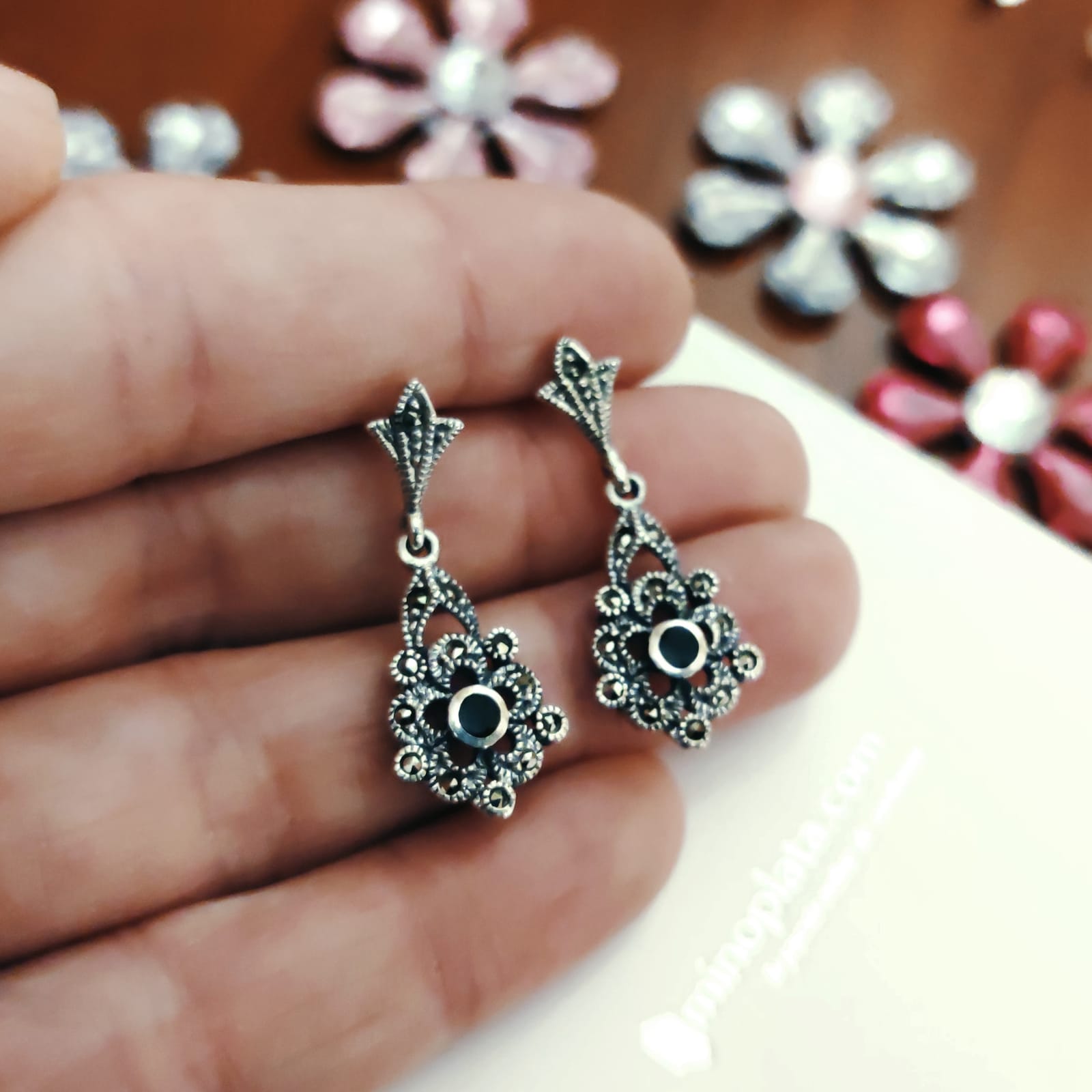 Pendientes Nácar negro y Marcasitas en Plata de ley vieja 3