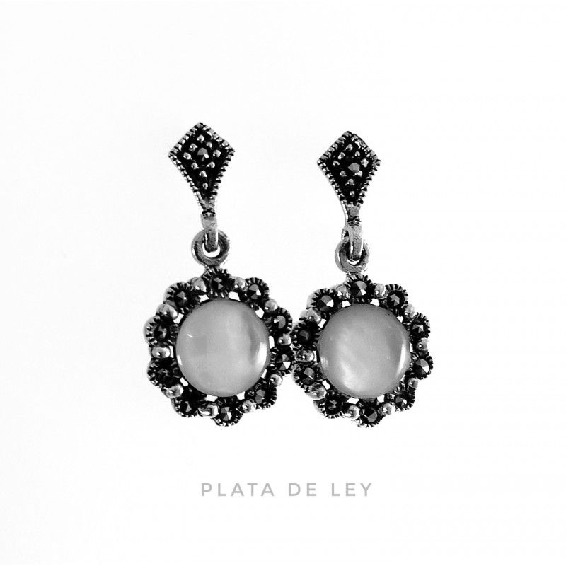 Pendientes de Plata envejecida con Nácar blanco y Marcasitas