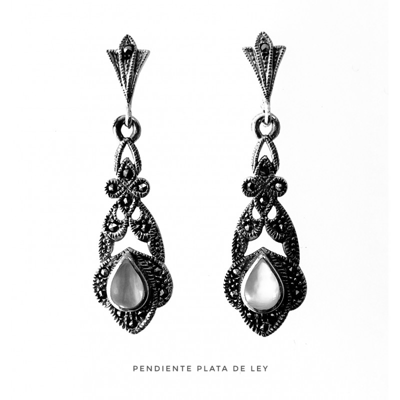 Pendientes Plata vieja con Nácar blanco y Marcasitas