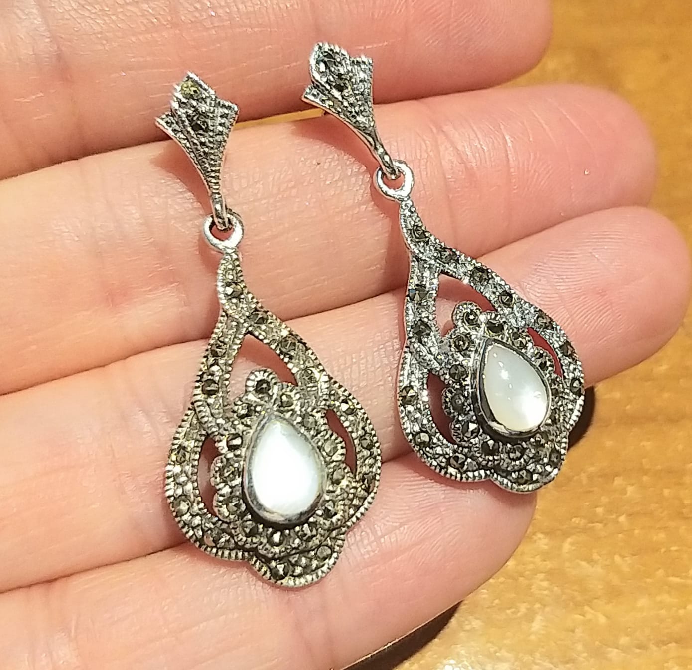 Pendientes de novia en Plata vieja con Nácar y Marcasitas 2
