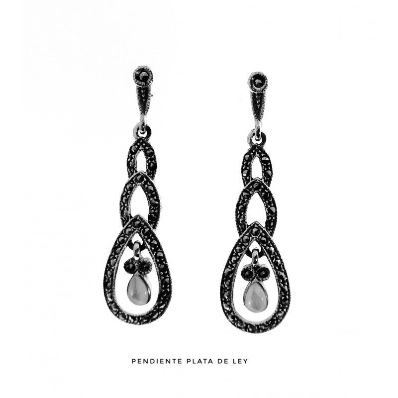 Pendientes largos de Plata vieja con Nácar y Marcasitas