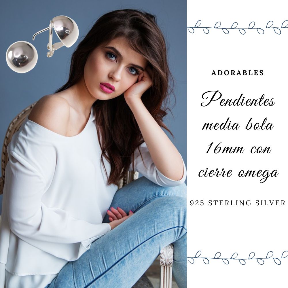 Pendientes en Plata de Ley Media Bola 16 Mm. con cierre omega 4
