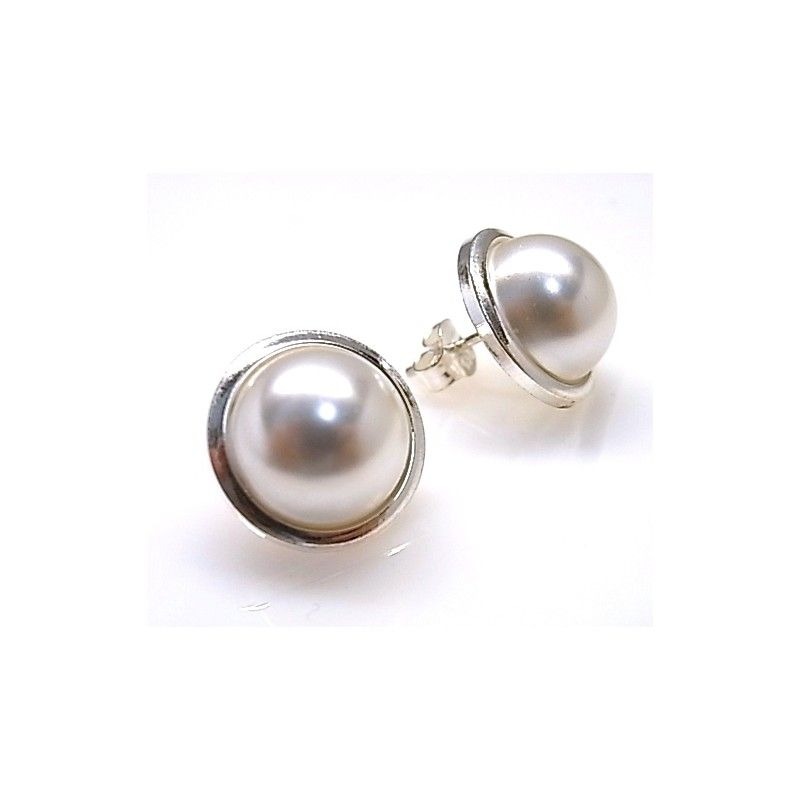 Pendientes media Perla 14mm con cerco de Plata de ley