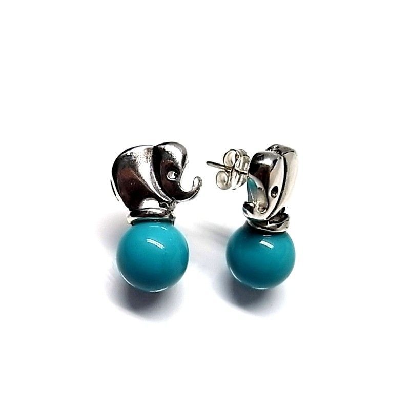 Pendientes elefantes de Plata de ley con bola turquesa 10 Mm.