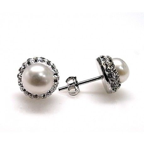 Pendientes Perla con cristales blancos 10 Mm.