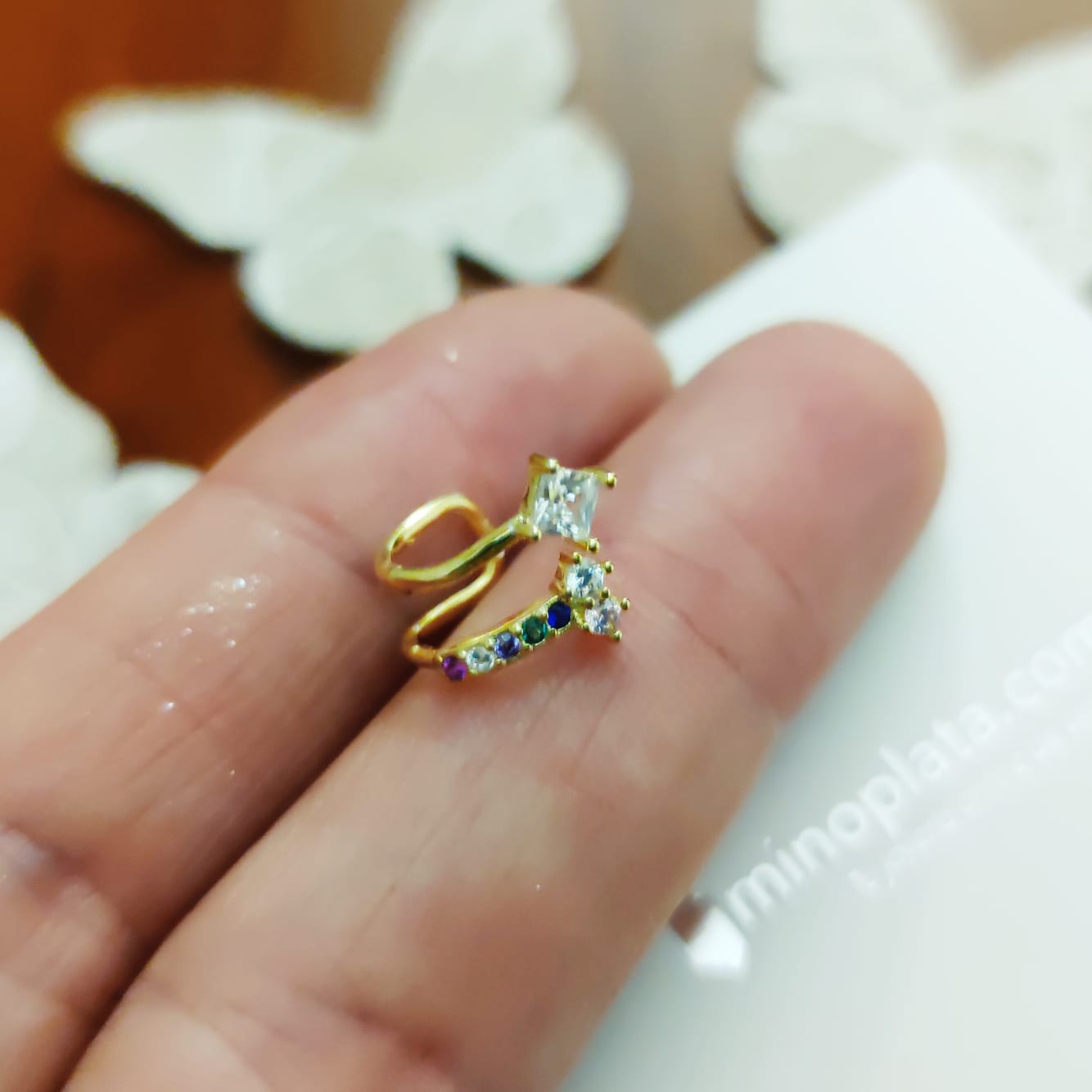 Pendiente suelto ajustable en Plata dorada y Circonitas 3
