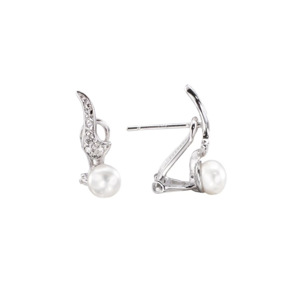Pendientes Perla y Circonitas en Plata rodiada y cierre omega