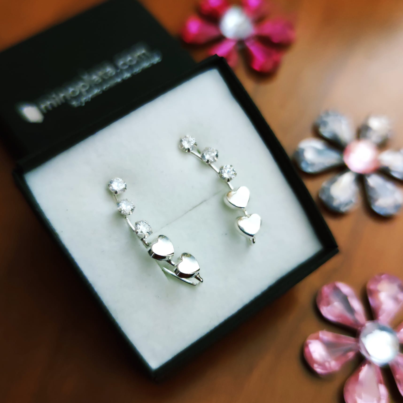 Pendientes trepadores Plata corazones con Circonitas 3