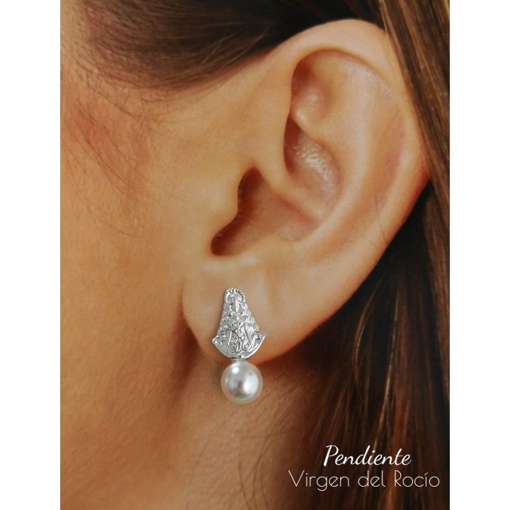 Pendientes Perla 8mm Virgen del Rocío de Plata de ley 5