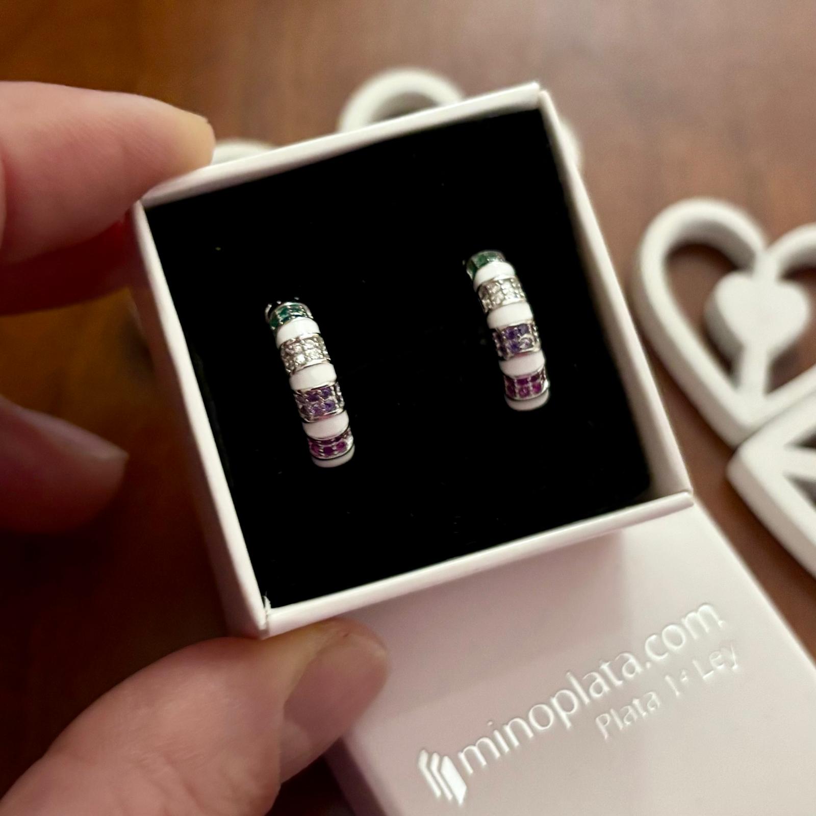 Pendientes aros 17mm de Plata de ley rodiada con Circonitas de colores 3