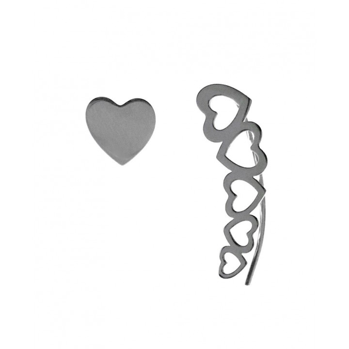 Pendientes asimétricos trepador corazones de Plata de ley