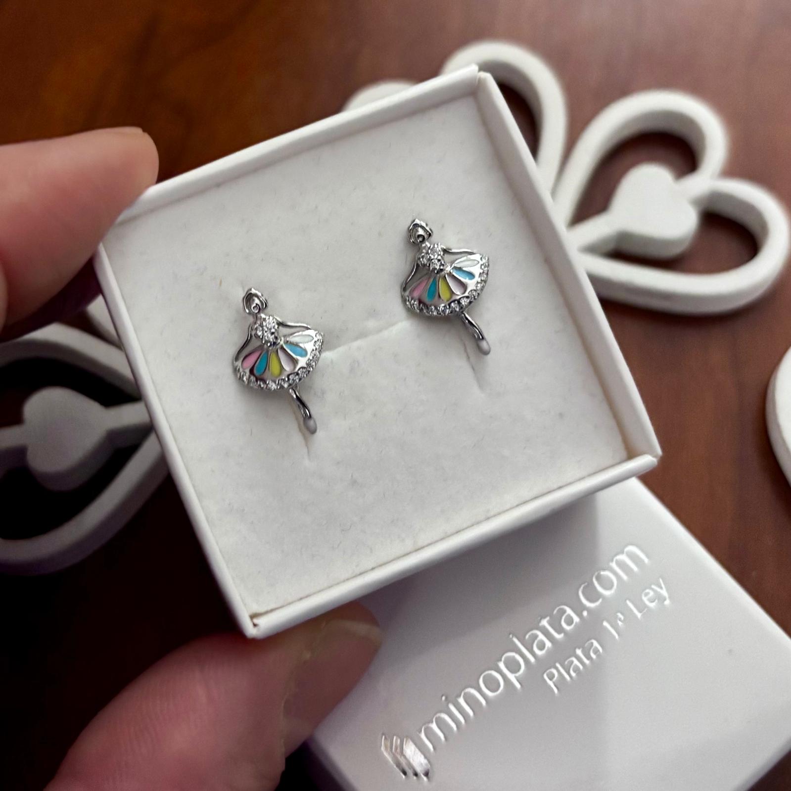 Pendientes bailarina de Plata rodiada con Circonitas y esmalte
