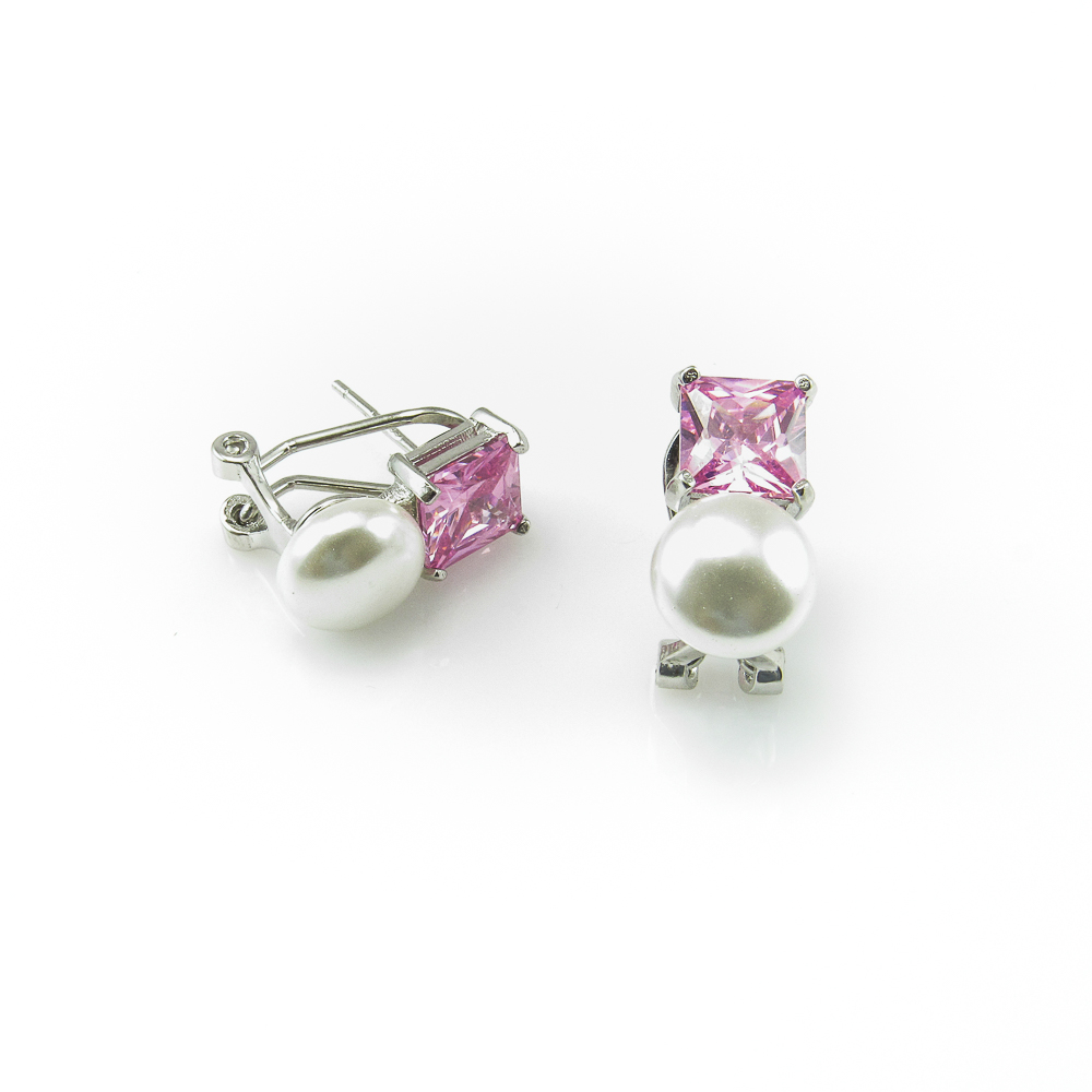 Pendientes de Perlas con Circonitas rosas Plata y cierre Omega