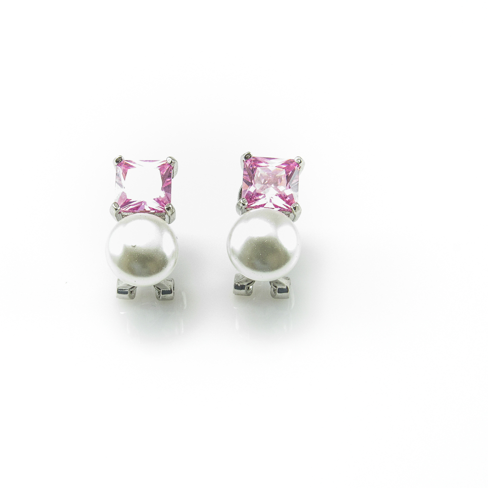 Pendientes de Perlas con Circonitas rosas Plata y cierre Omega 1
