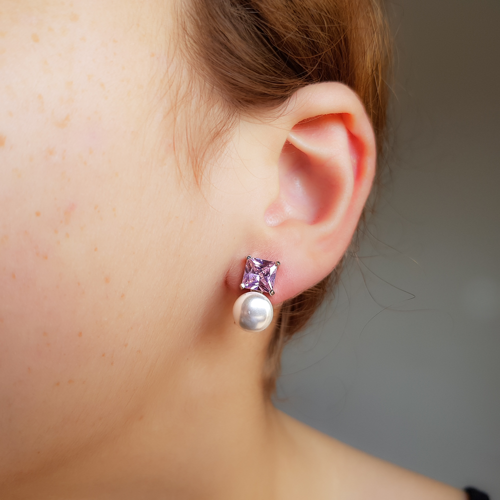 Pendientes de Perlas con Circonitas rosas Plata y cierre Omega 2