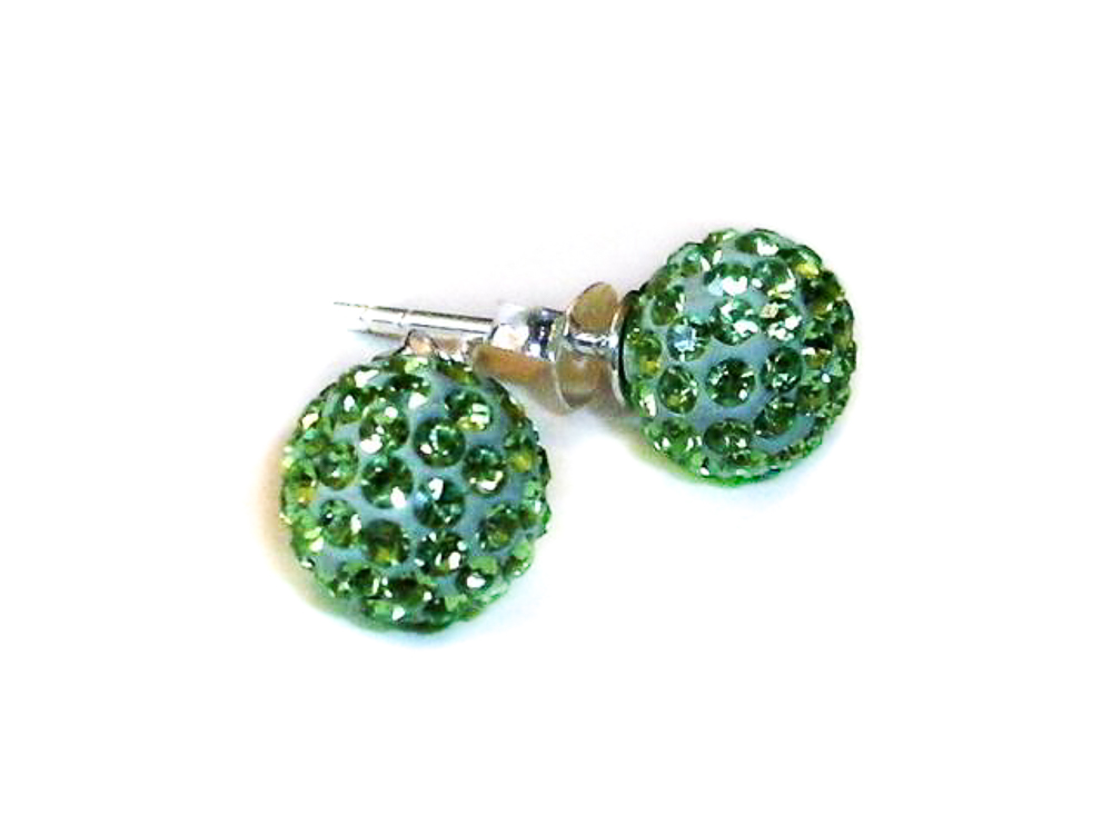 Pendientes bolita 8 Mm.cristales verdes y Plata de ley