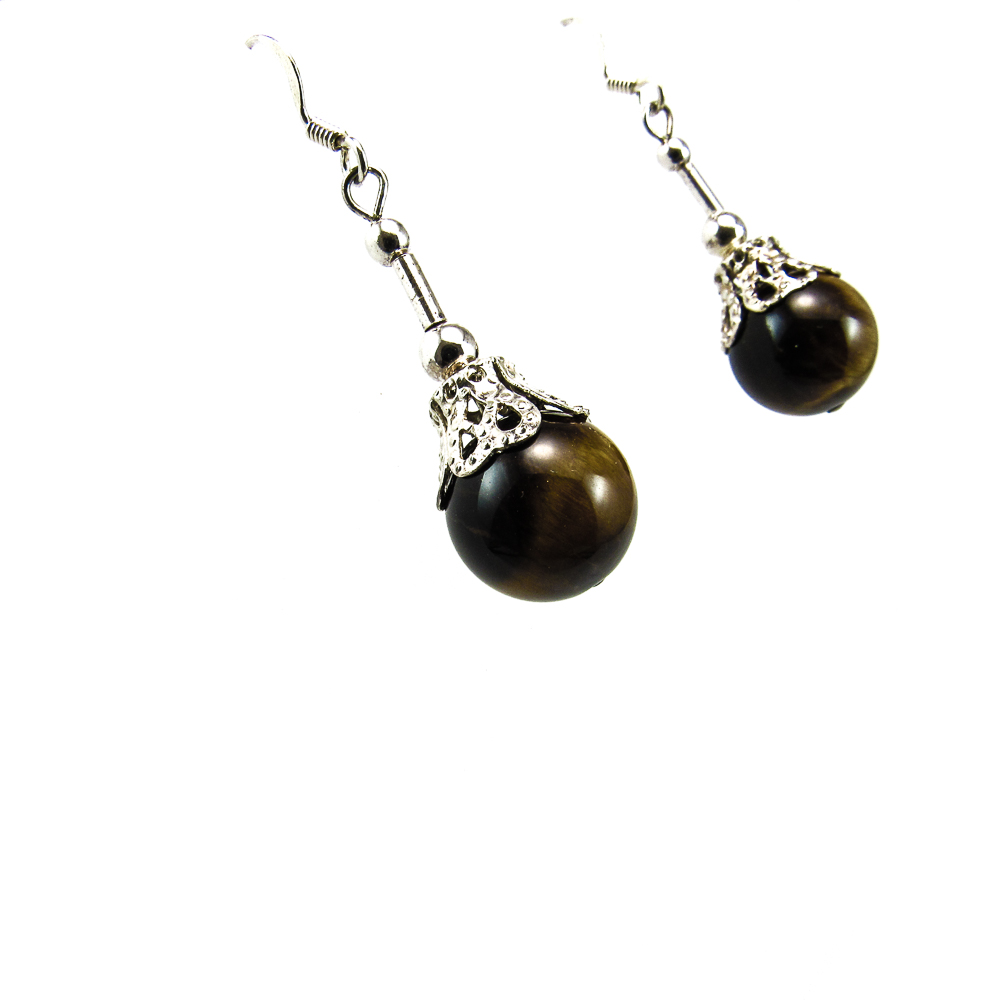 Pendientes largos de Plata de ley bola de piedra Ojo de tigre